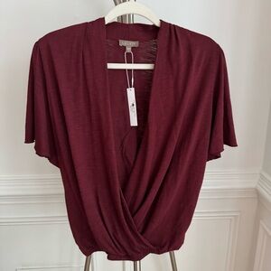 NWT Lilla P Burgundy Faux Wrap Flutter Raw Hem Sleeve Cotton Top Blouse Small